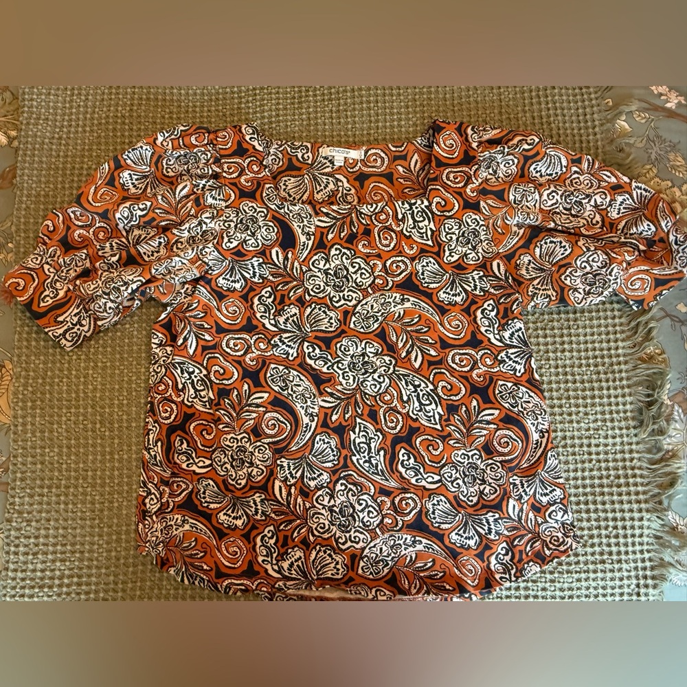 Chico's Vibrant Orange and Blue Paisley Top